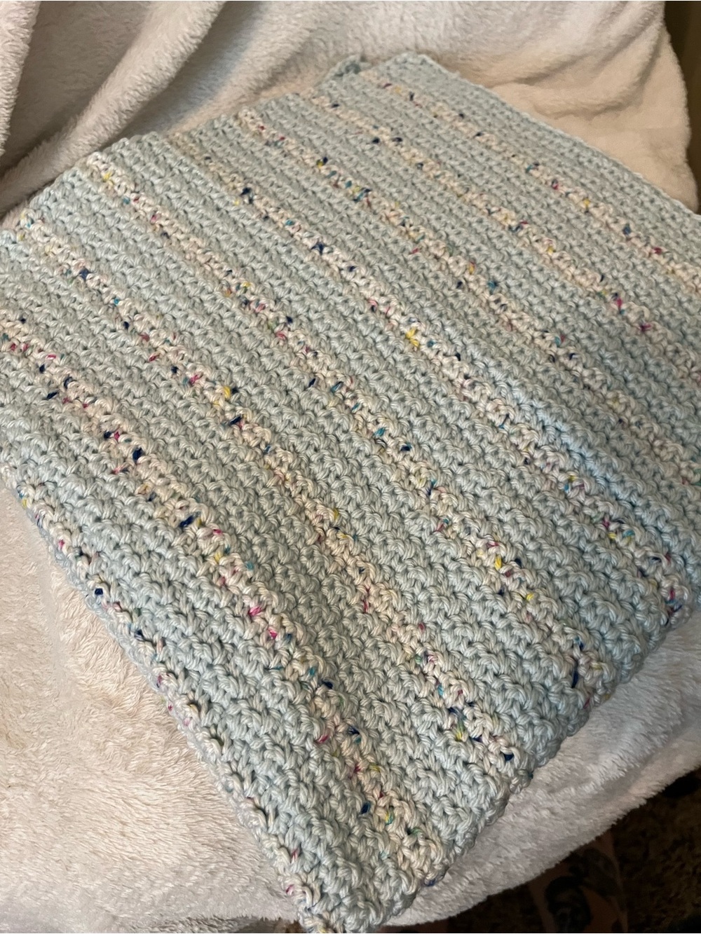 Soft Light Blue Crochet Baby Blanket with Multicolor Speckles